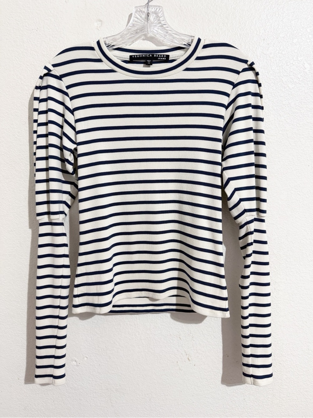 Veronica Beard Jeans Lyon Long Puff Sleeve Top in Navy Blue & Ivory White Stripe
